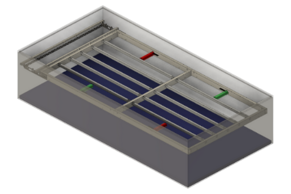 A 3D Render of the electric hydrofloor pool cover that shows the stainless steel 316L frame, as well as the location of the 4 engines and network of pulleys in a 400 square foot pool.
